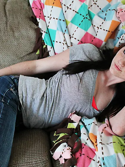 Superb brunette babe Freckles removes her tight jeans and teases