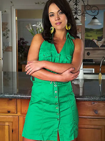 Brunette Alyssa Reece in yellow high heel shoes takes off her gr