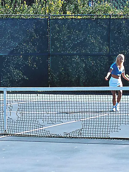 Slutty blonde tennis player Jeanie Rivers strips on the court an