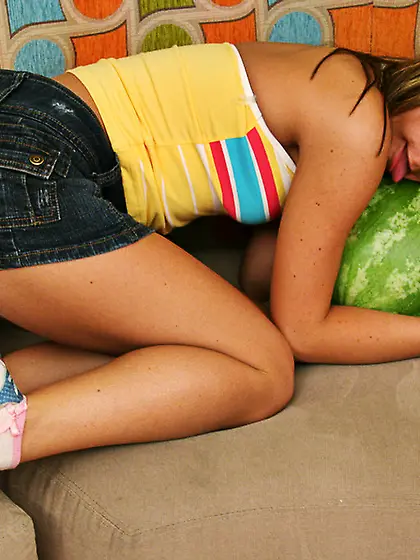 Posing watermelon petite blonde