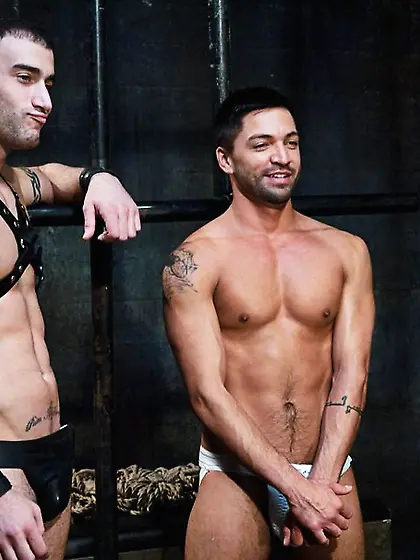 Hogtied blindfolded guy suspended