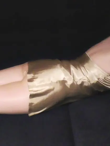 Satin nightie and shiny crotchless pantyhose