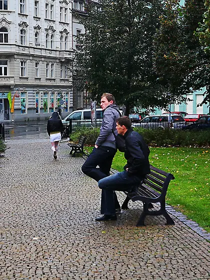 Two boys were sitting