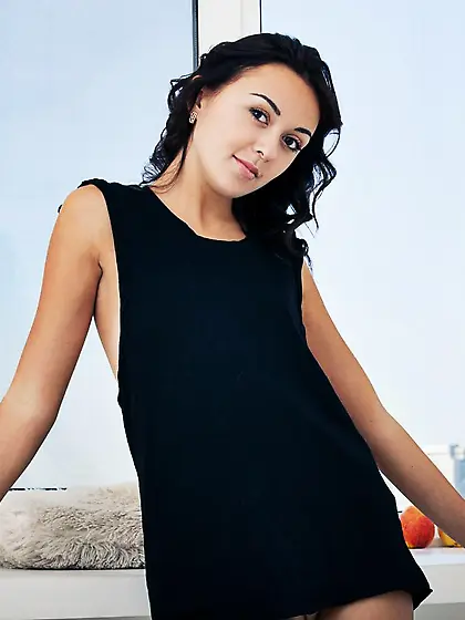 Cute tanned brunette Veselin takes her t-shirt off,  exposes her