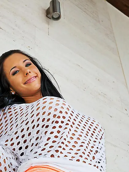 Good looking brunette slut Kyra Hot knows that guys can't resist