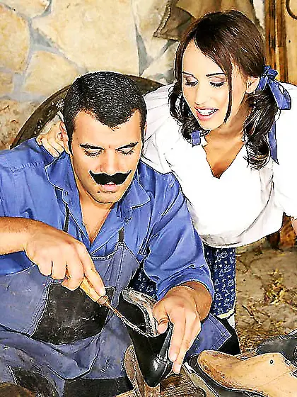 Shoemaker shoves his cock in sexy bald pussy of skirt-clad villa