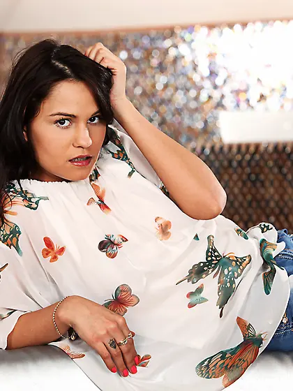 Brunette girl Aida Sweet slides black panty aside and tickles th