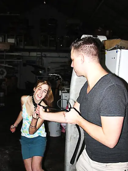 Lovely girl caught dog-leash