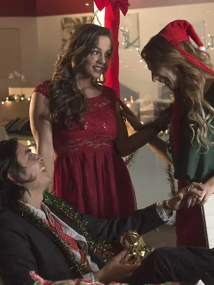 Busty brunette in a red dress gets banged,  Christmas miracle