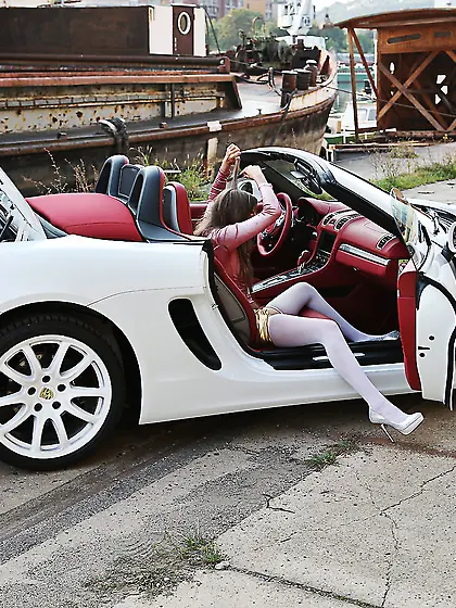 White stockings blonde rubbing her pussy against a shiny new spo