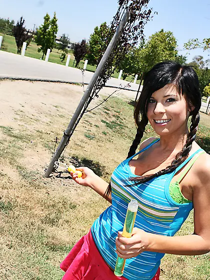 Big boobed brunette chick shows her big balloons and gets nasty