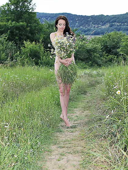 Brunette teen Diana H is in the meadow trying to cover nudity wi