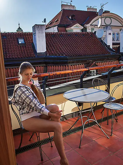 White panties long-legged and youthful blonde gets naked on a re