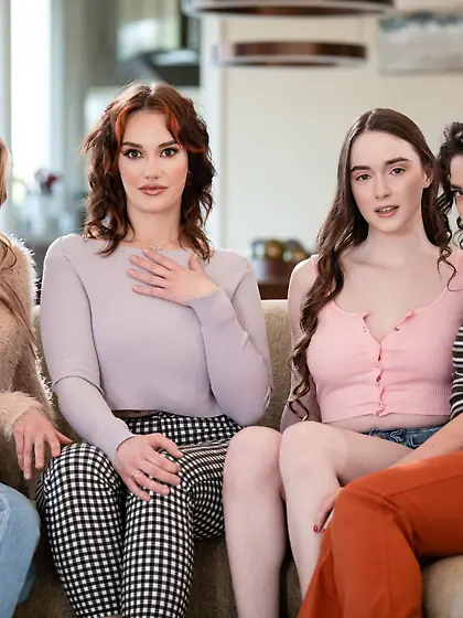 Four horny lesbian babes have fun in the living room