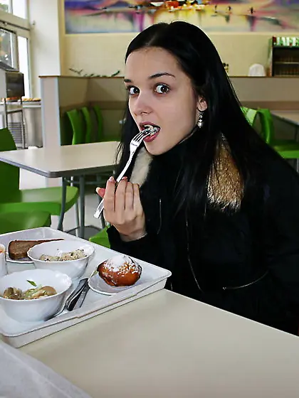 Hot brunette babe Katie Fey eats at McDonald's and then str