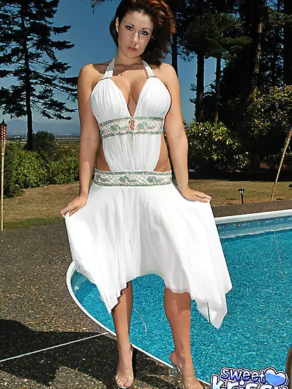 Big breasted teen gal Sweet Krissy takes off her white dress and