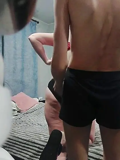 Son with the aunty in her garden house