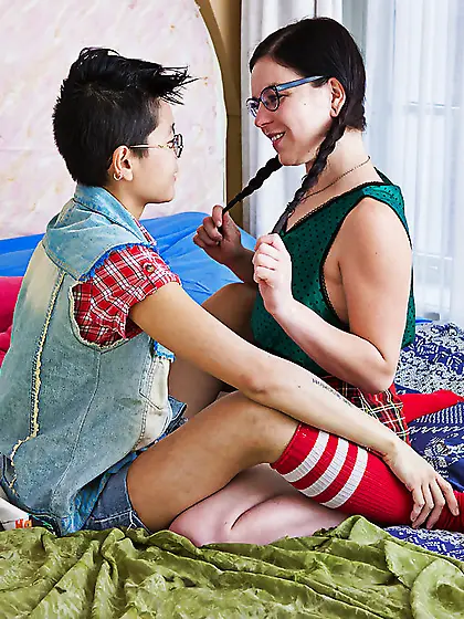 Tiny tits rough tribbing lesbians