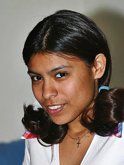 Hot uniformed latina teen Megan Martinez playfully peels off her