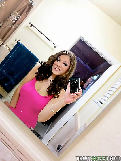 Bosomy teen Dillion Carter is swallowing member and jumping up a