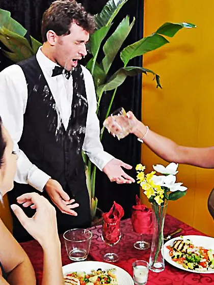 Angry waiter fucks the shit out of big breasted raven haired mil