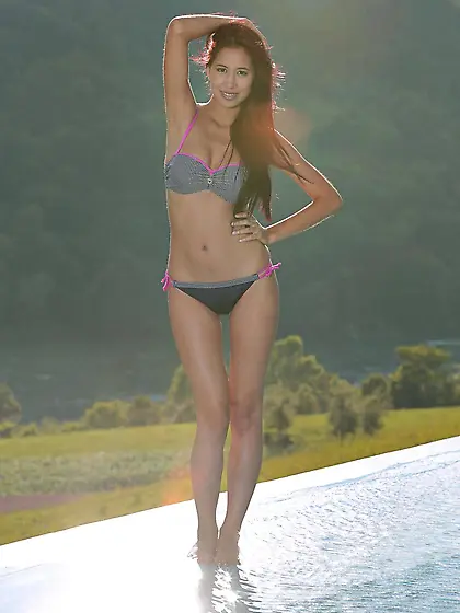 Hot brunette latina Christy Charming goes softcore poolside whil