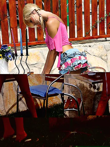 Lusty blonde chick Sophie Paris is stretching outdoor and gettin