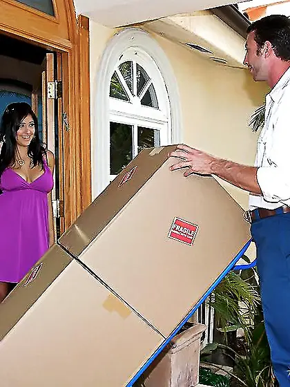 Playful big titted brunette Kimber Kay seduces delivery guy into