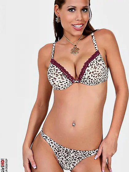 Big titted babe Satin Bloom is posing in the bikini and all nake