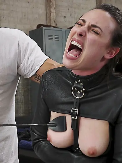 Bondage threesome sex in garage