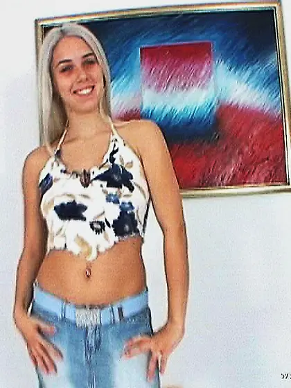 Katrin Wolf takes her sexy denim skirt off and then pokes her sh