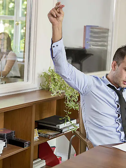 Redheaded MILF slut with glasses blows her tired-looking partner