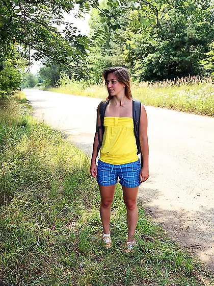 Hungry girl eats a banana in the forest and masturbates vagina b