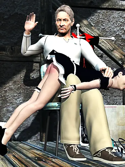 Two costumed sluts are spanked in the attic