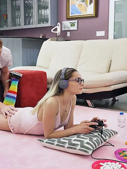 Tiny blonde gamer teen gets punished by drilling