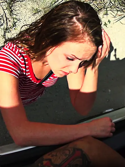 Brunette teen striped t-shirt