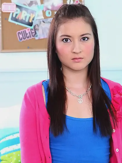 Exotic-looking teen brunette gets a mouthful of fresh man-juice