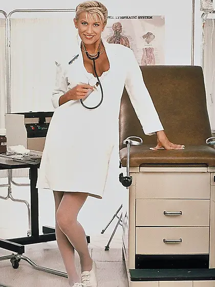 Lewd nurse in white uniform Farrah turning into a wild stripteas