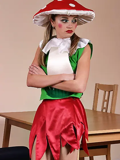 Kinky blonde teen Kristina Fey takes off her mushroom costume an