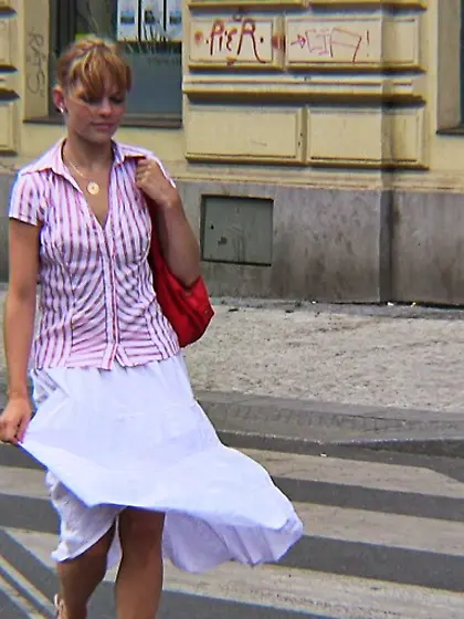 Blonde pink shirt white