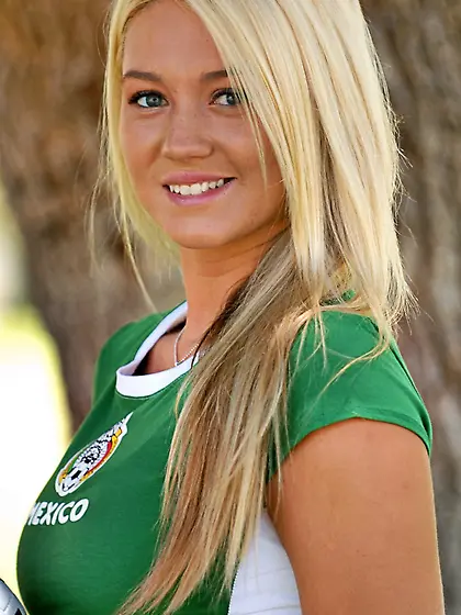 Cute blond babe,  Alison Angel playing football and shows her per