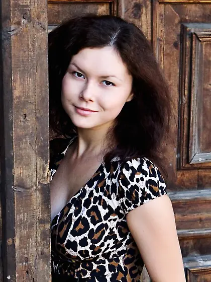 Seducing brunette Gia B is smiling when sharing every inch of th