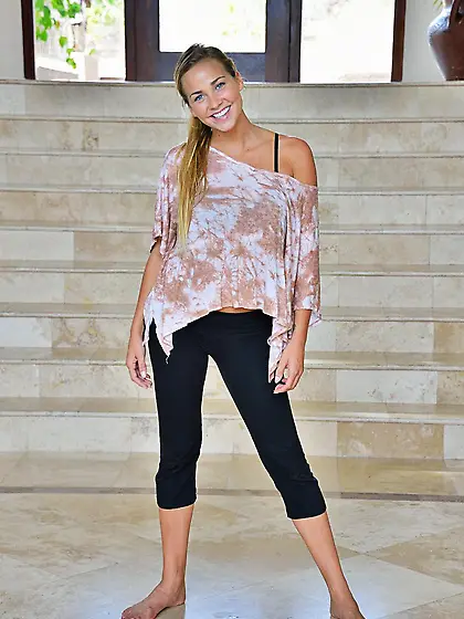 Smiley blonde babe Courtney Dillon practices yoga then shows tit