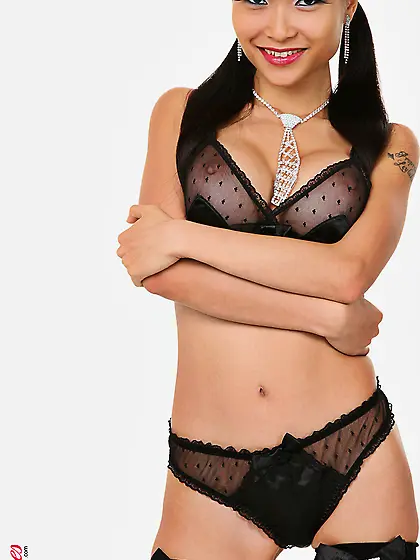 Alluring Asian babe Pussykat teases us wearing sexy black linger