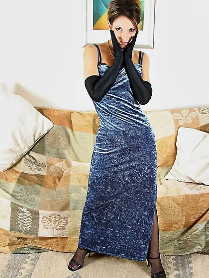 Elegant Robyn wears luxury lingerie,  stylish evening dress and l