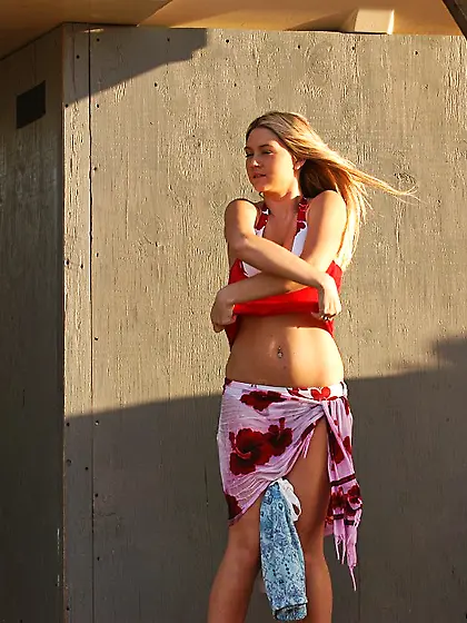 Cute blond babe,  Alison Angel pulls down her white shirt amd sho