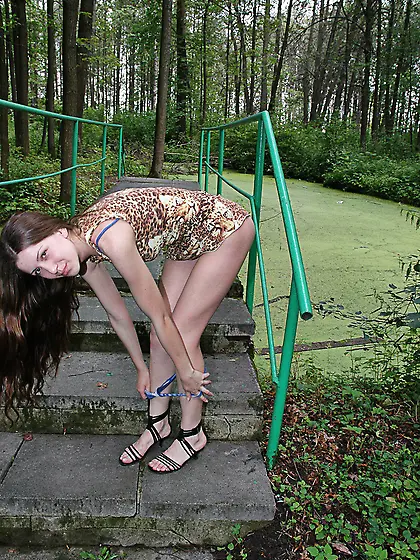 Outdoor pissing in the park on stone tiles