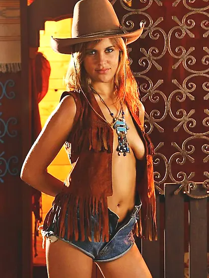 Cowgirl Sigita wildly exposing her big and soft melons and tight