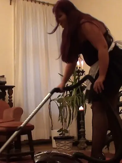 Purple-haired maid fishnet takes