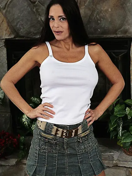 Slim big titted brunette milf Cheyenne Hunter strokes big cock w